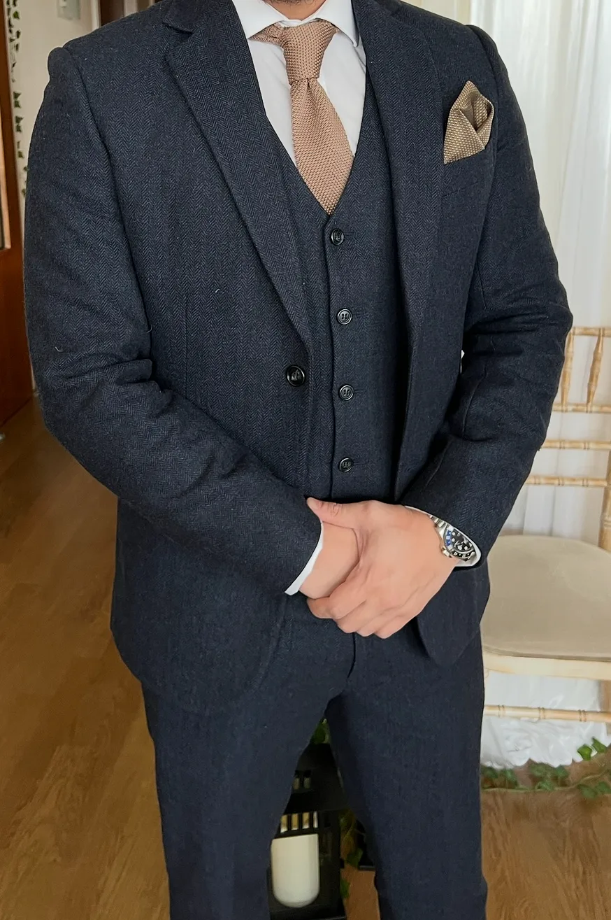 Navy Mens Tweed 3 Piece